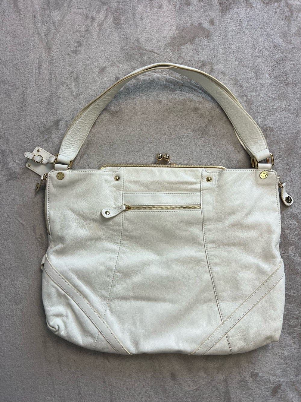 Emma Fox White Pebbled Leather Kisslock Shoulder Bag Gold Hardware Large Purse - Picture 4 of 11